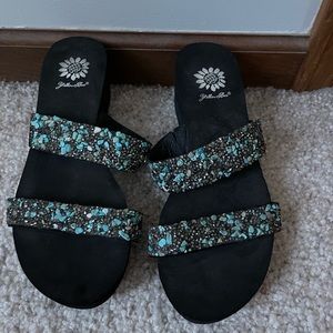 Yellow Box Sandals with Turquoise and Stone details on straps